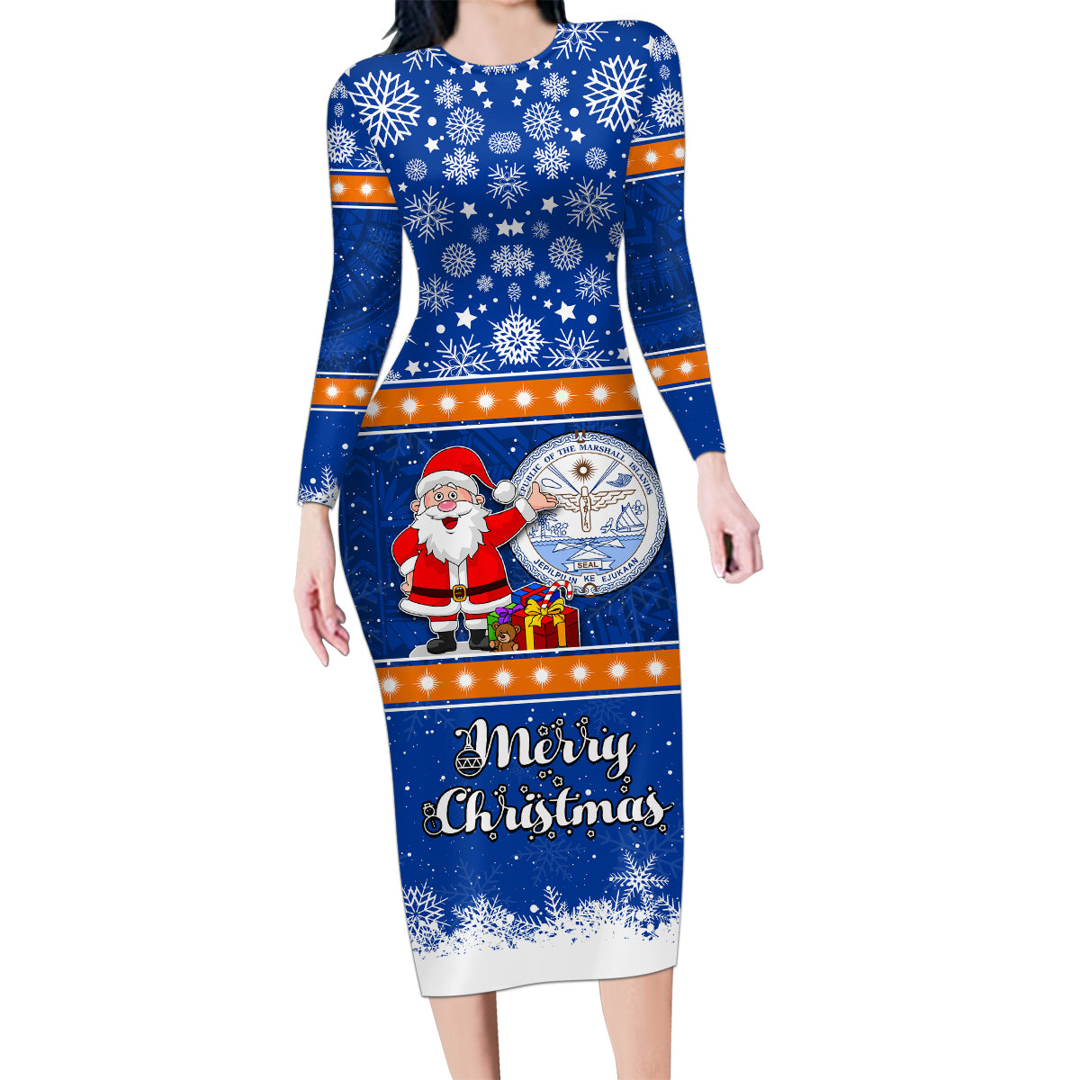 Personalised Marshall Islands Christmas Family Matching Long Sleeve Bodycon Dress and Hawaiian Shirt Santa Claus and Coat of Arms Mix Polynesian Xmas Style LT03 Mom's Dress Blue - Polynesian Pride