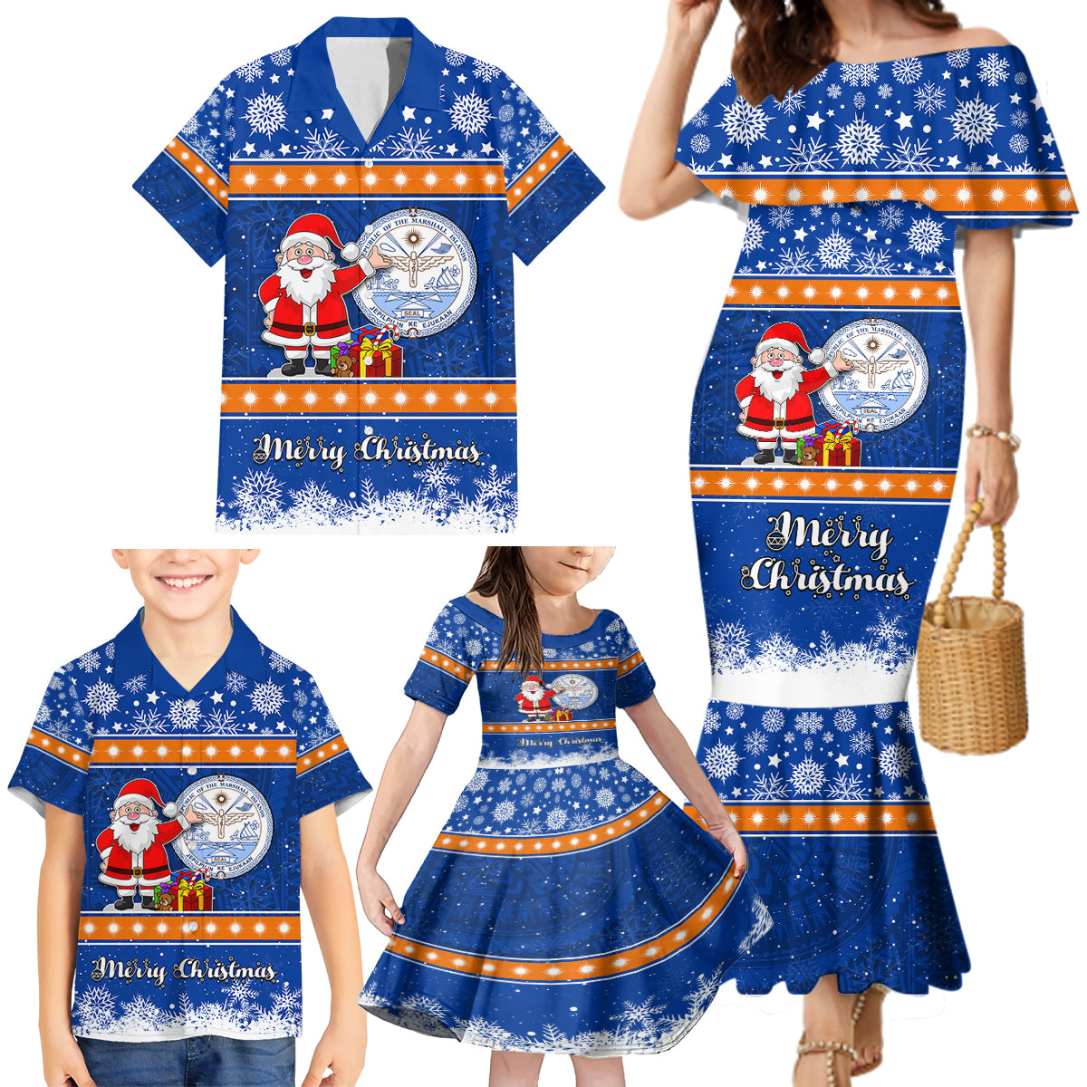 Personalised Marshall Islands Christmas Family Matching Mermaid Dress and Hawaiian Shirt Santa Claus and Coat of Arms Mix Polynesian Xmas Style LT03 - Polynesian Pride