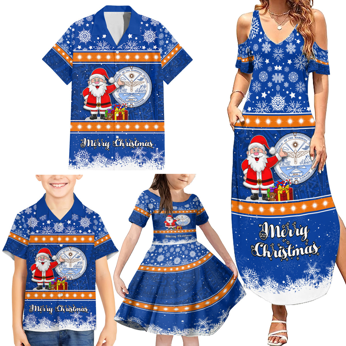 Personalised Marshall Islands Christmas Family Matching Summer Maxi Dress and Hawaiian Shirt Santa Claus and Coat of Arms Mix Polynesian Xmas Style LT03 - Polynesian Pride