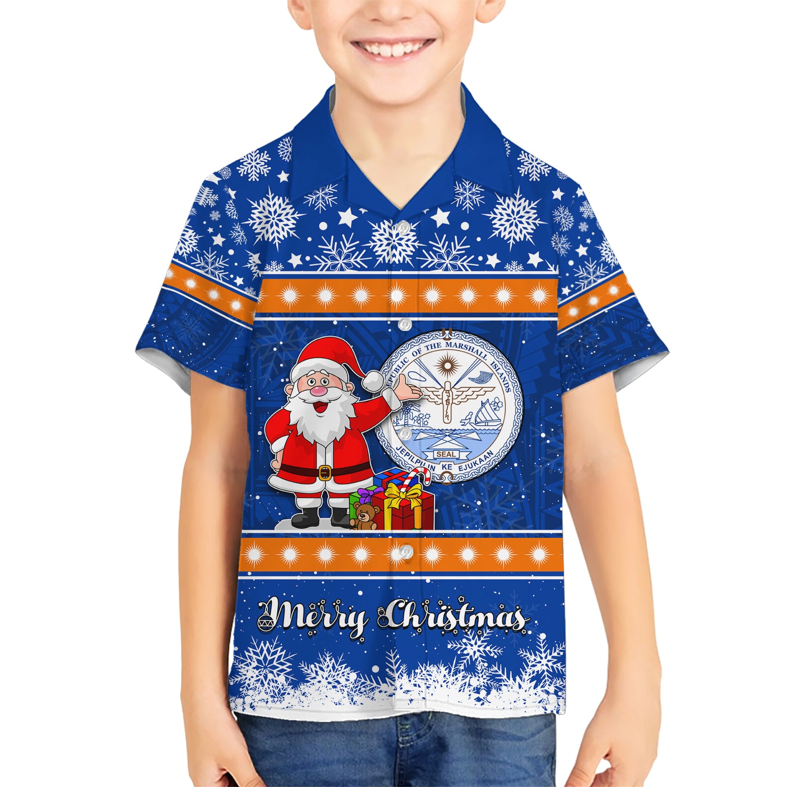 Personalised Marshall Islands Christmas Kid Hawaiian Shirt Santa Claus and Coat of Arms Mix Polynesian Xmas Style LT03 Kid Blue - Polynesian Pride