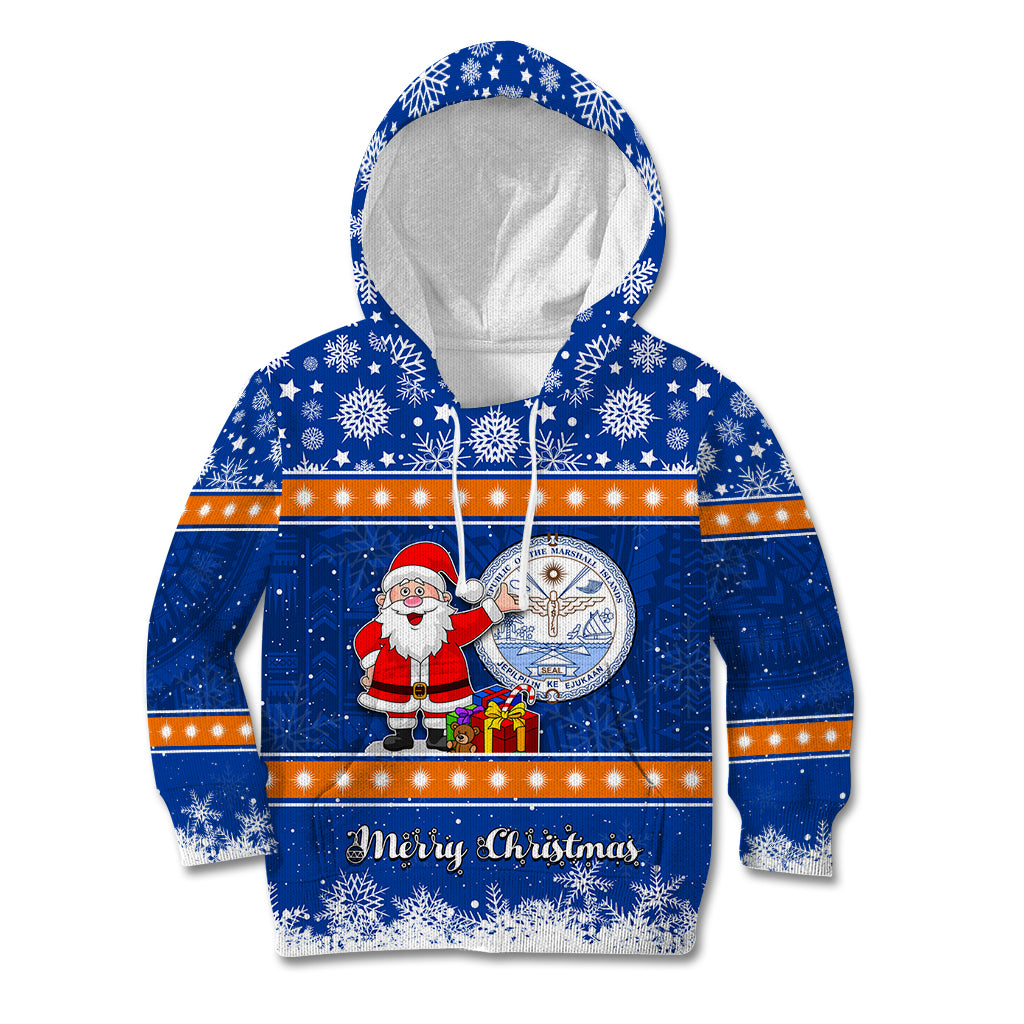 Personalised Marshall Islands Christmas Kid Hoodie Santa Claus and Coat of Arms Mix Polynesian Xmas Style LT03 Hoodie Blue - Polynesian Pride