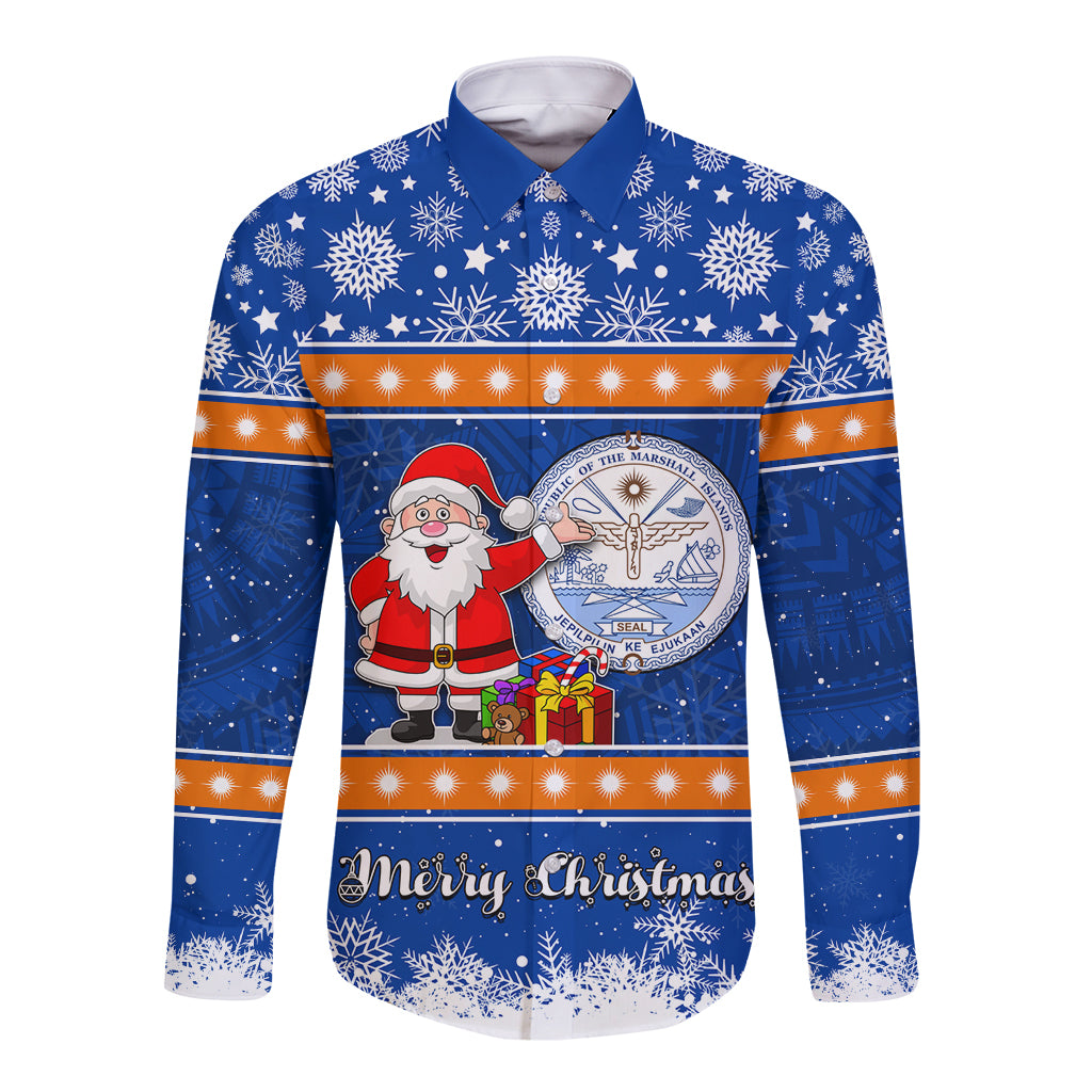 Personalised Marshall Islands Christmas Long Sleeve Button Shirt Santa Claus and Coat of Arms Mix Polynesian Xmas Style LT03 Unisex Blue - Polynesian Pride