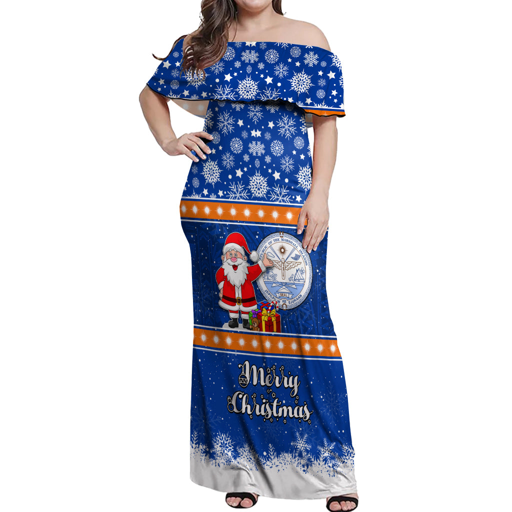 Personalised Marshall Islands Christmas Off Shoulder Maxi Dress Santa Claus and Coat of Arms Mix Polynesian Xmas Style LT03 Women Blue - Polynesian Pride