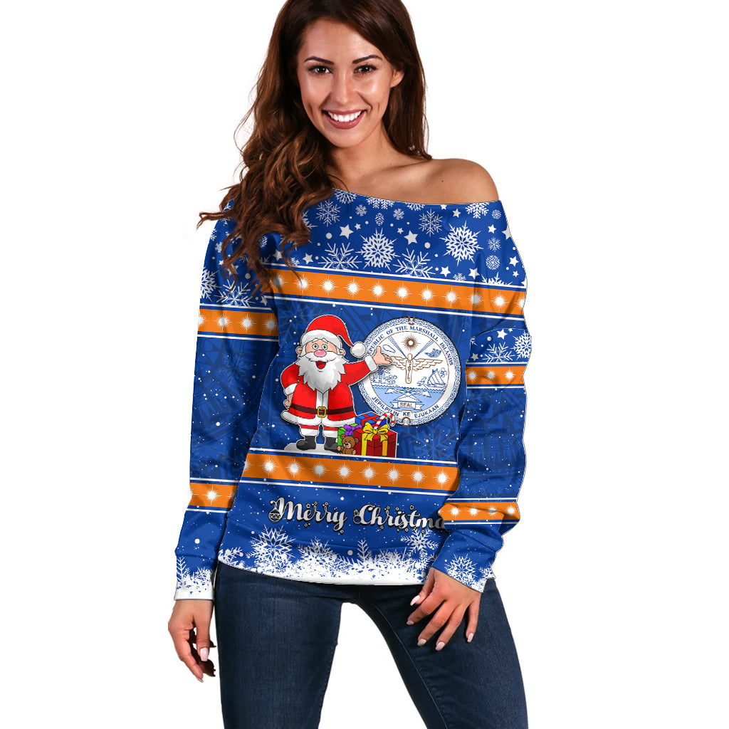 Personalised Marshall Islands Christmas Off Shoulder Sweater Santa Claus and Coat of Arms Mix Polynesian Xmas Style LT03 Women Blue - Polynesian Pride