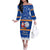 Personalised Marshall Islands Christmas Off The Shoulder Long Sleeve Dress Santa Claus and Coat of Arms Mix Polynesian Xmas Style LT03 Women Blue - Polynesian Pride