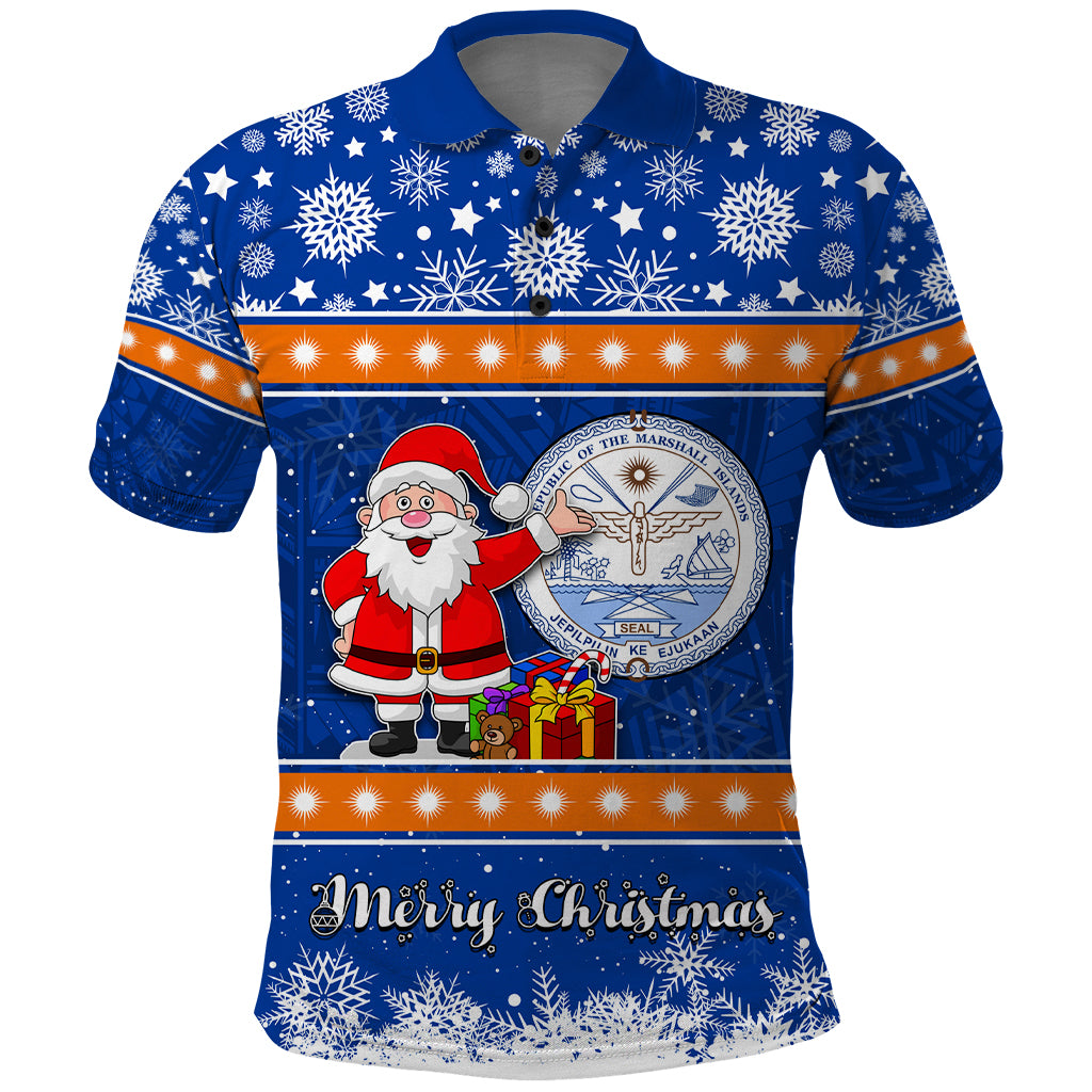 Personalised Marshall Islands Christmas Polo Shirt Santa Claus and Coat of Arms Mix Polynesian Xmas Style LT03 Blue - Polynesian Pride