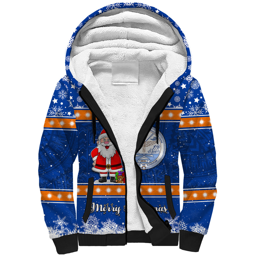 Personalised Marshall Islands Christmas Sherpa Hoodie Santa Claus and Coat of Arms Mix Polynesian Xmas Style LT03 Unisex Blue - Polynesian Pride