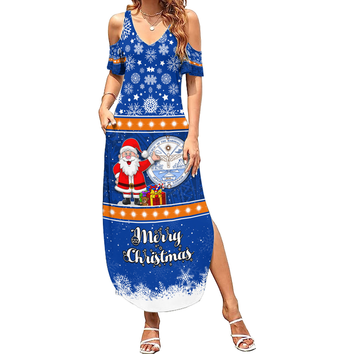 Personalised Marshall Islands Christmas Summer Maxi Dress Santa Claus and Coat of Arms Mix Polynesian Xmas Style LT03 Women Blue - Polynesian Pride