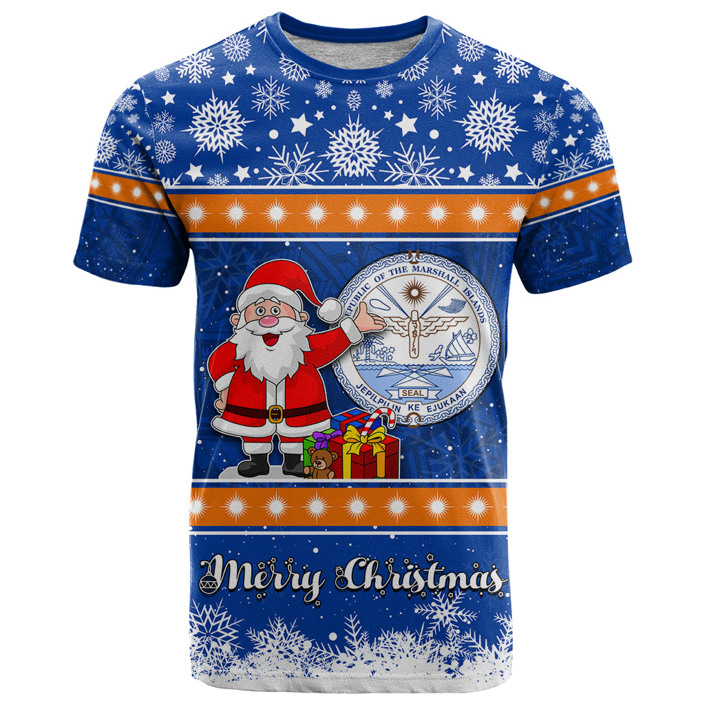 Personalised Marshall Islands Christmas T Shirt Santa Claus and Coat of Arms Mix Polynesian Xmas Style LT03 Blue - Polynesian Pride