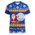 Personalised Marshall Islands Christmas Women V Neck T Shirt Santa Claus and Coat of Arms Mix Polynesian Xmas Style LT03 Female Blue - Polynesian Pride
