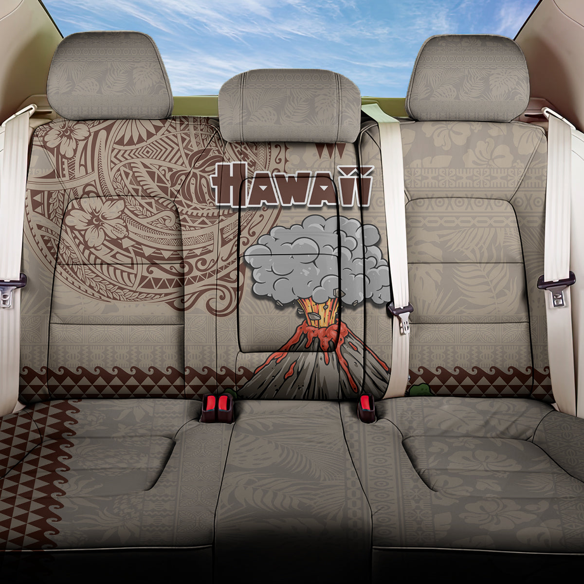 Hawaii Back Car Seat Cover Aloha Volcano Mix Kakau Hawaiian Tribal LT03 One Size Beige - Polynesian Pride