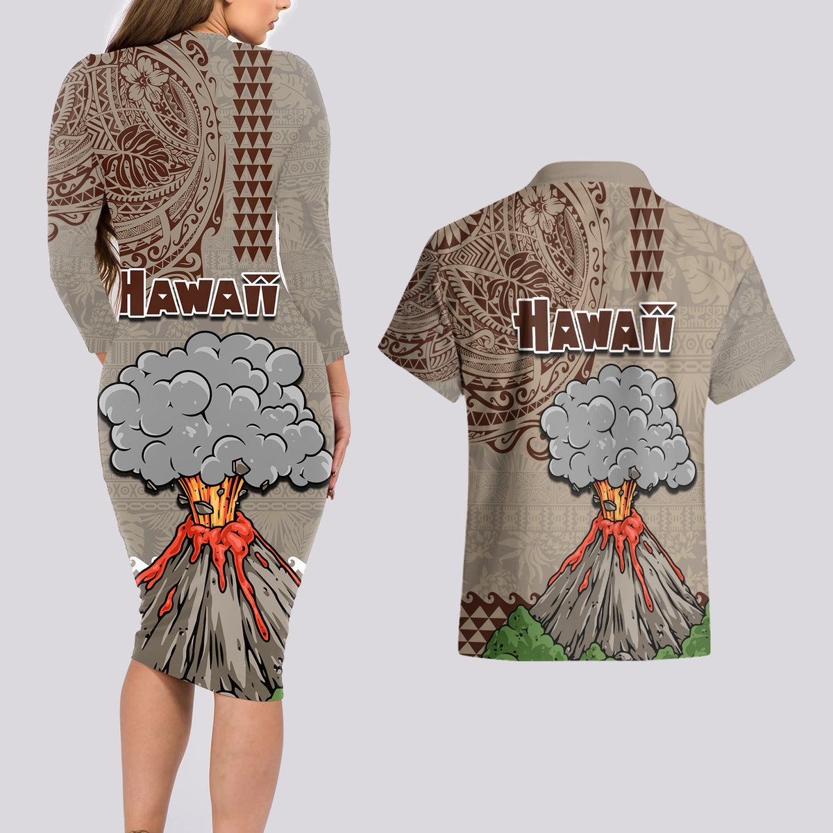 Hawaii Couples Matching Long Sleeve Bodycon Dress and Hawaiian Shirt Aloha Volcano Mix Kakau Hawaiian Tribal LT03 - Polynesian Pride