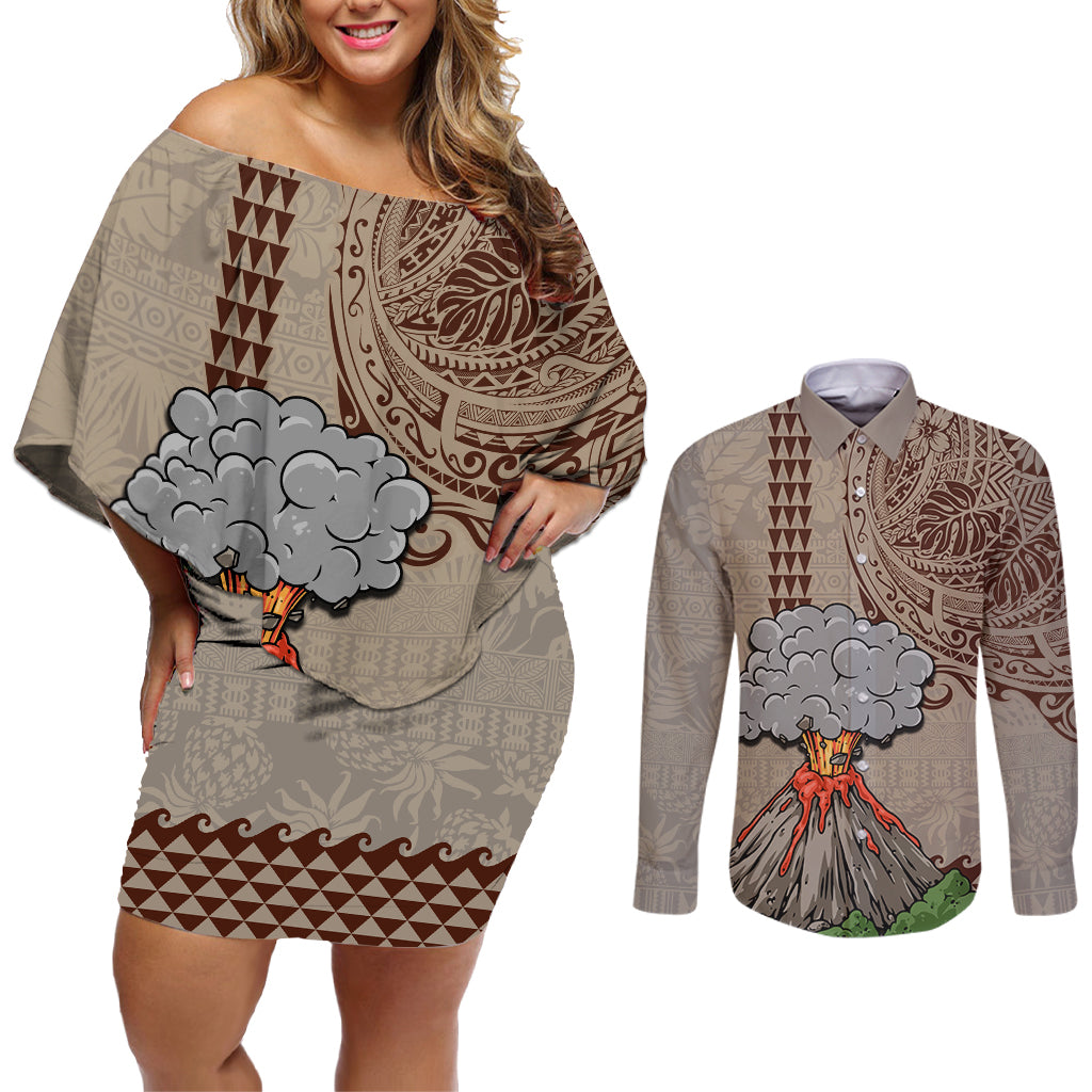 Hawaii Couples Matching Off Shoulder Short Dress and Long Sleeve Button Shirt Aloha Volcano Mix Kakau Hawaiian Tribal LT03 Beige - Polynesian Pride
