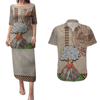 Hawaii Couples Matching Puletasi Dress and Hawaiian Shirt Aloha Volcano Mix Kakau Hawaiian Tribal LT03 Beige - Polynesian Pride