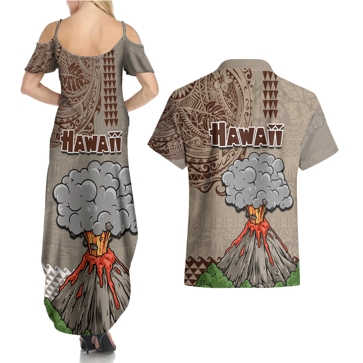 Hawaii Couples Matching Summer Maxi Dress and Hawaiian Shirt Aloha Volcano Mix Kakau Hawaiian Tribal LT03 - Polynesian Pride