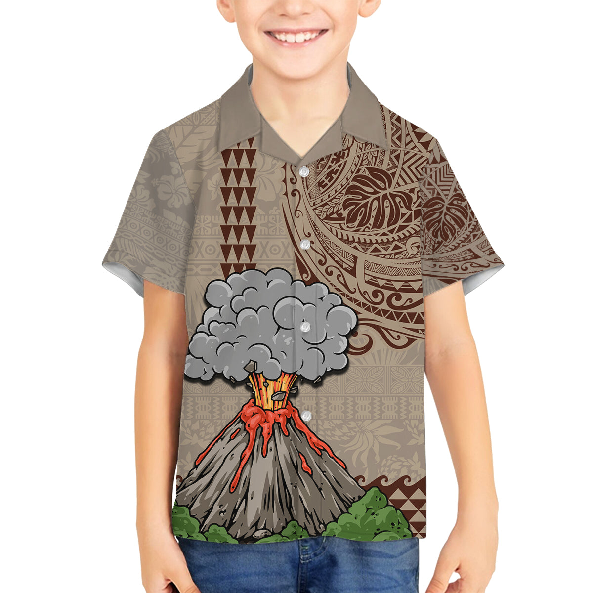 Hawaii Family Matching Long Sleeve Bodycon Dress and Hawaiian Shirt Aloha Volcano Mix Kakau Hawaiian Tribal LT03 Son's Shirt Beige - Polynesian Pride