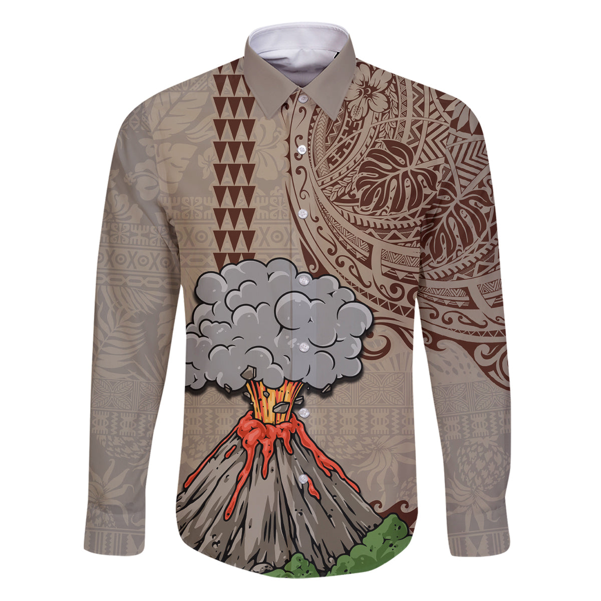 Hawaii Family Matching Puletasi Dress and Hawaiian Shirt Aloha Volcano Mix Kakau Hawaiian Tribal LT03 Dad's Shirt - Long Sleeve Beige - Polynesian Pride