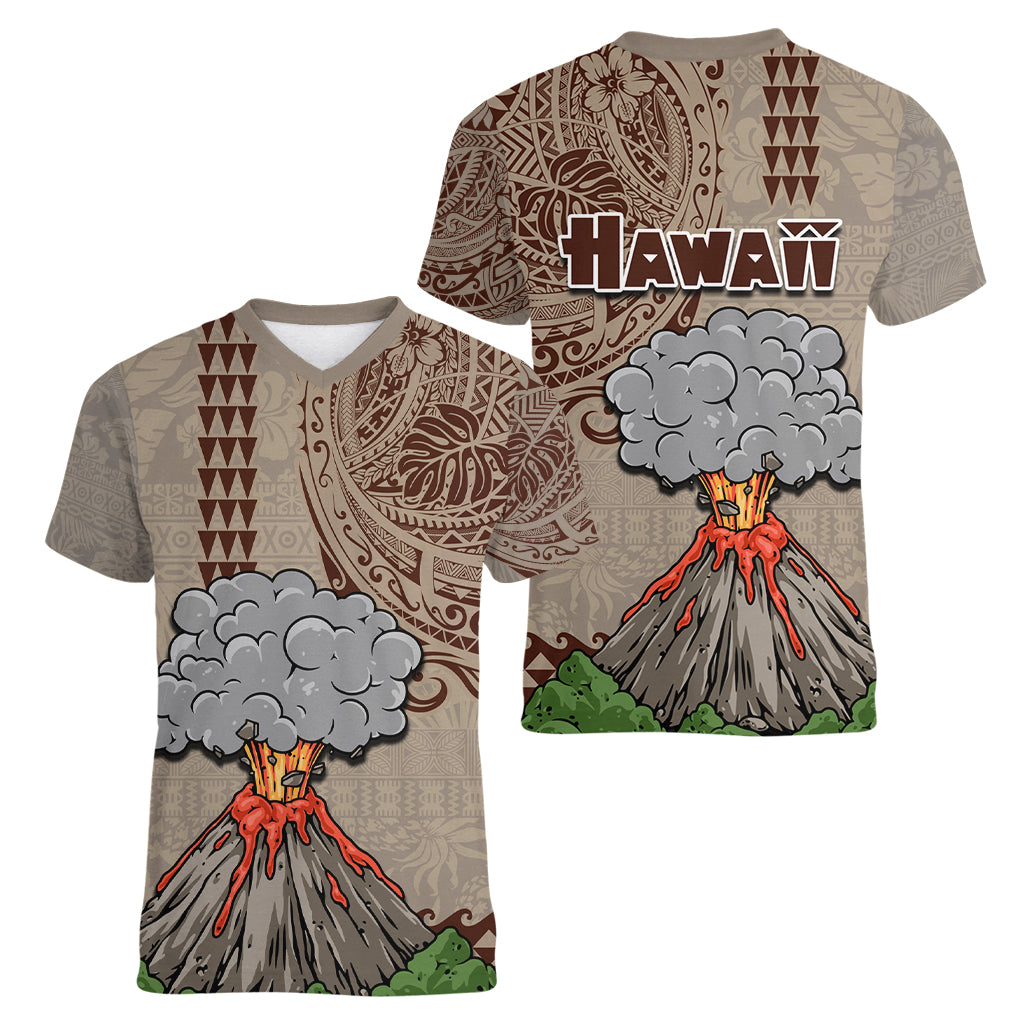 Hawaii Women V Neck T Shirt Aloha Volcano Mix Kakau Hawaiian Tribal LT03 - Polynesian Pride