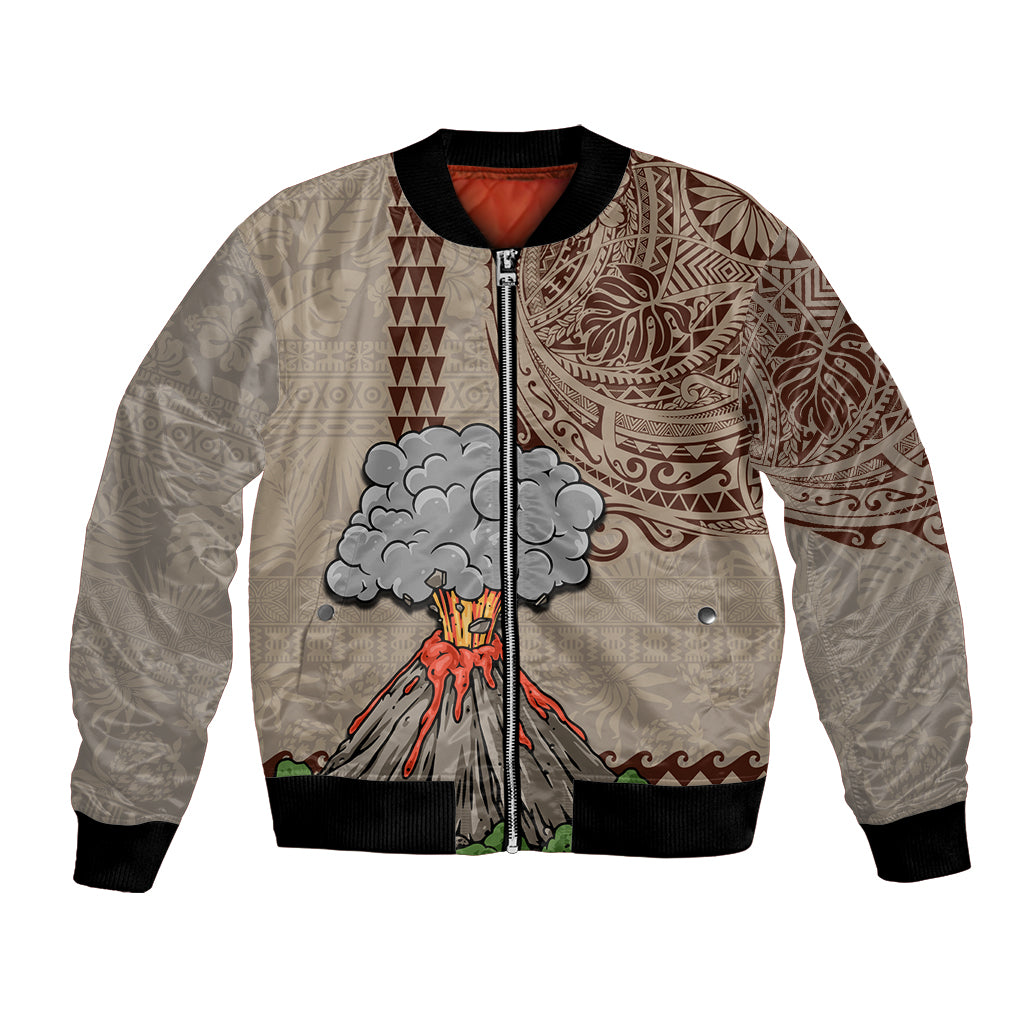 Aloha Volcano Custom Bomber Jacket Mix Hawaiian Kakau Tribal LT03 Unisex Beige - Polynesian Pride