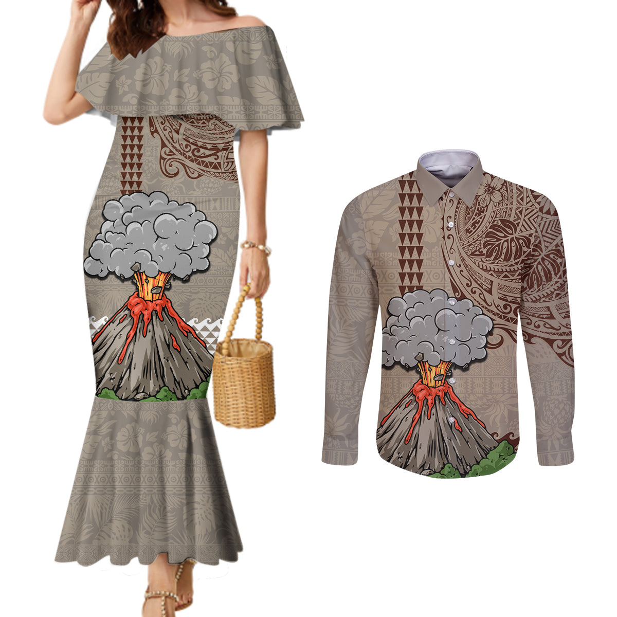 Aloha Volcano Custom Couples Matching Mermaid Dress and Long Sleeve Button Shirt Mix Hawaiian Kakau Tribal LT03 Beige - Polynesian Pride
