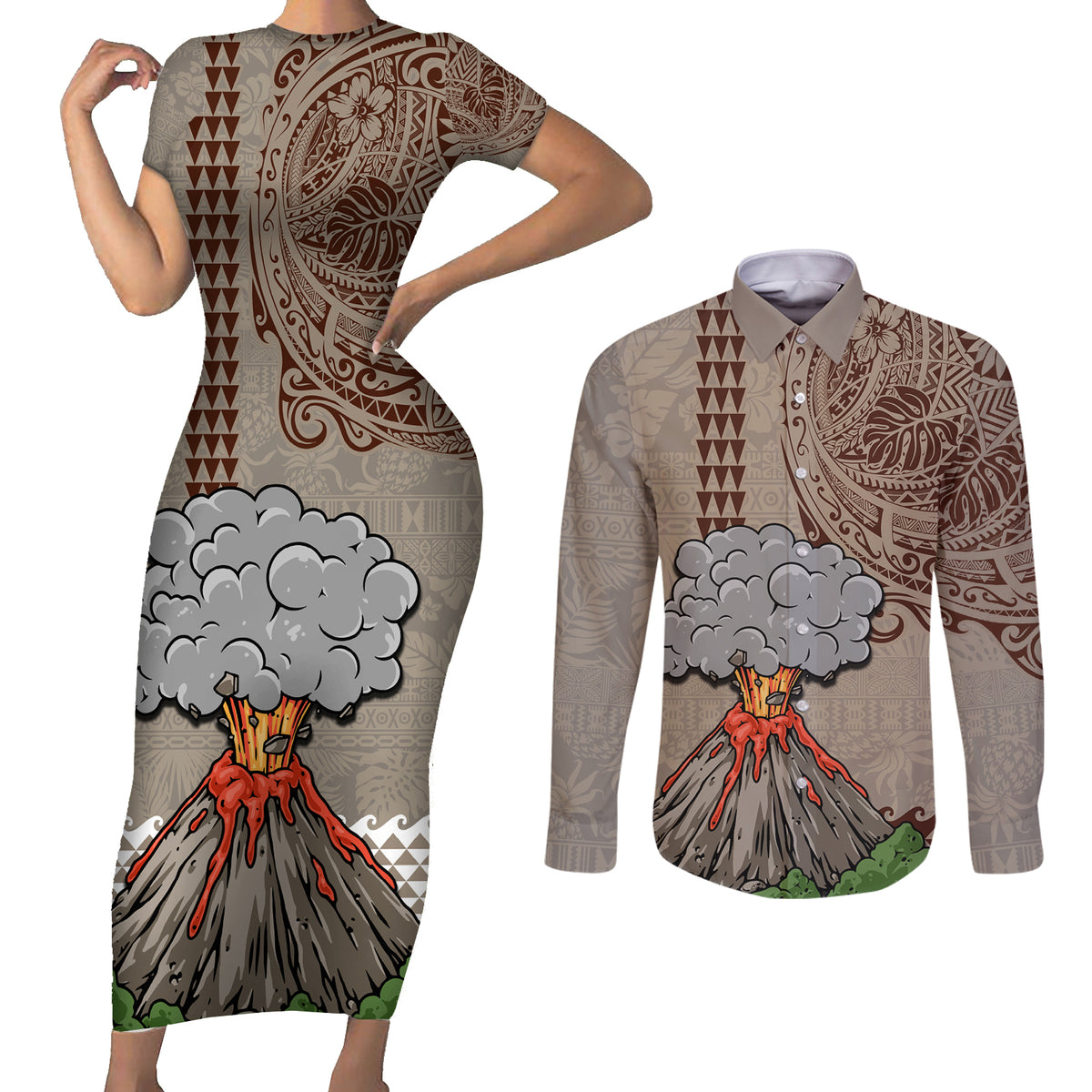 Aloha Volcano Custom Couples Matching Short Sleeve Bodycon Dress and Long Sleeve Button Shirt Mix Hawaiian Kakau Tribal LT03 Beige - Polynesian Pride
