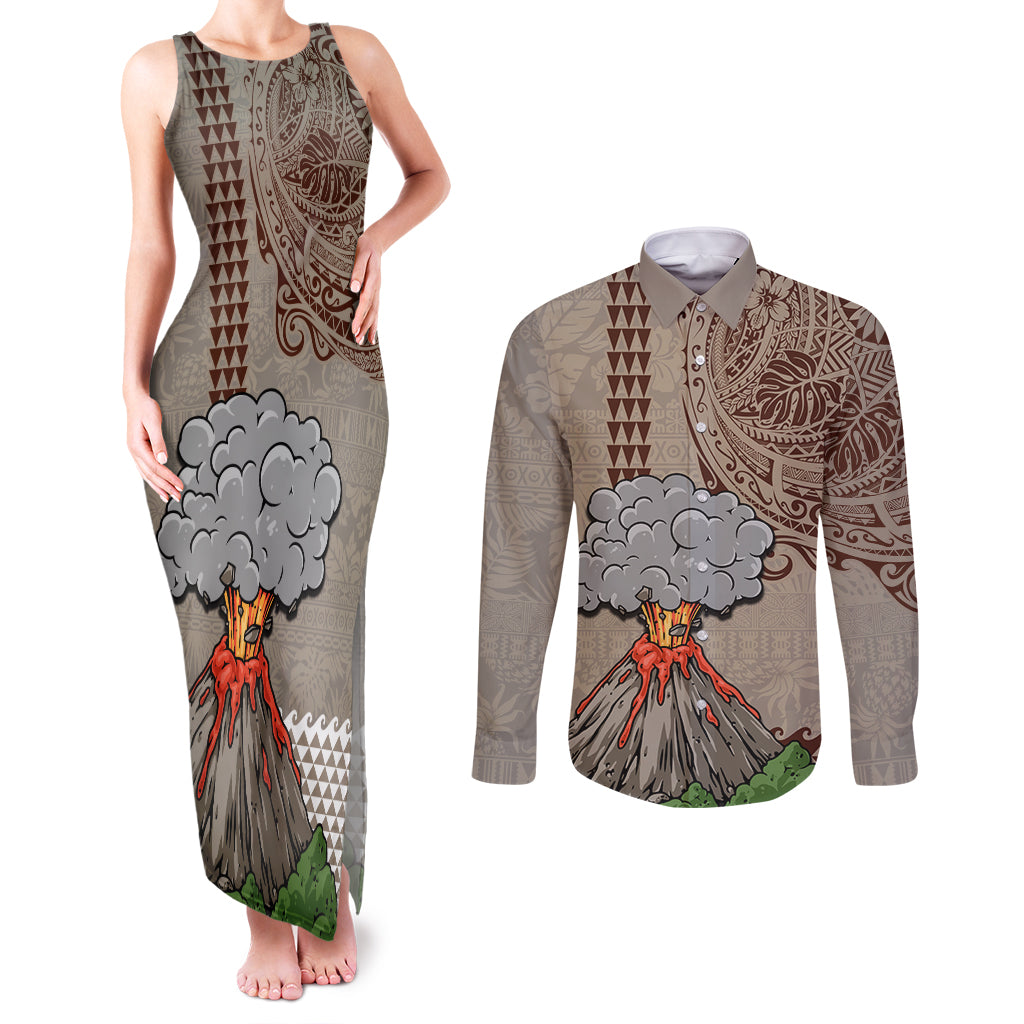 Aloha Volcano Custom Couples Matching Tank Maxi Dress and Long Sleeve Button Shirt Mix Hawaiian Kakau Tribal LT03 Beige - Polynesian Pride