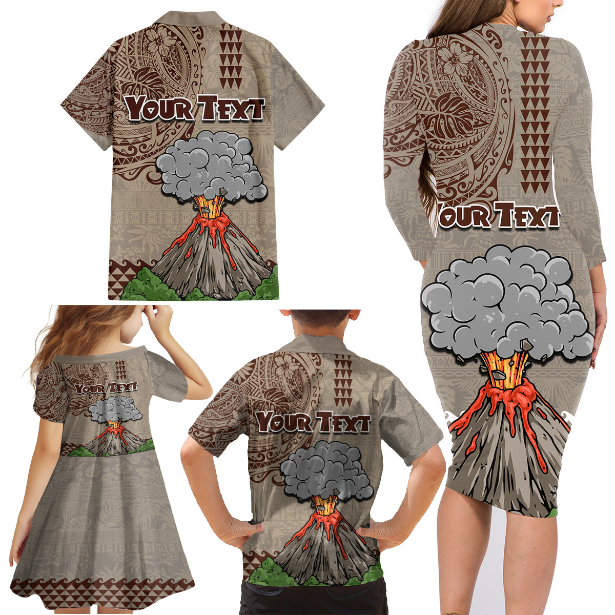 Aloha Volcano Custom Family Matching Long Sleeve Bodycon Dress and Hawaiian Shirt Mix Hawaiian Kakau Tribal LT03 - Polynesian Pride
