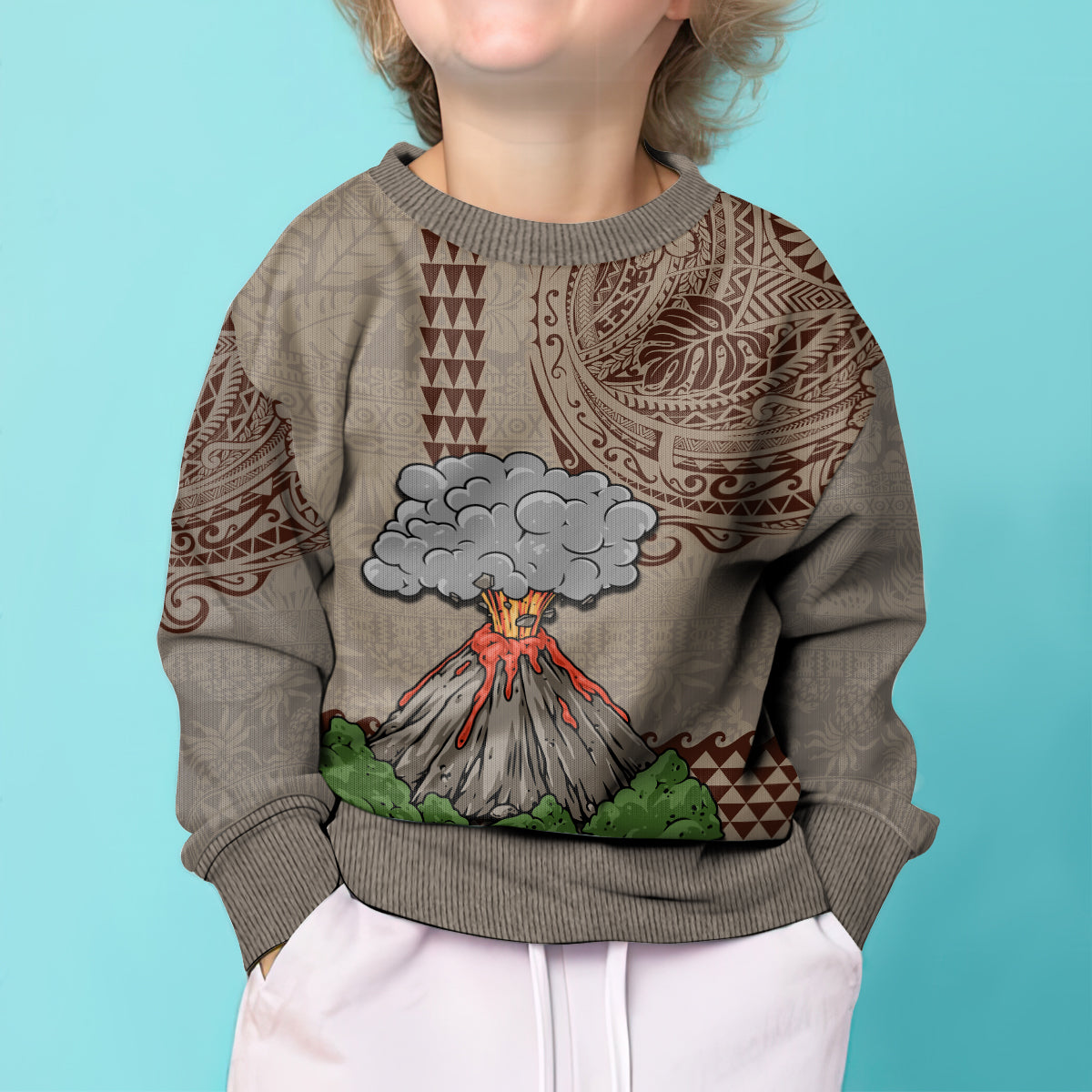 Aloha Volcano Custom Kid Ugly Christmas Sweater Mix Hawaiian Kakau Tribal LT03 - Polynesian Pride