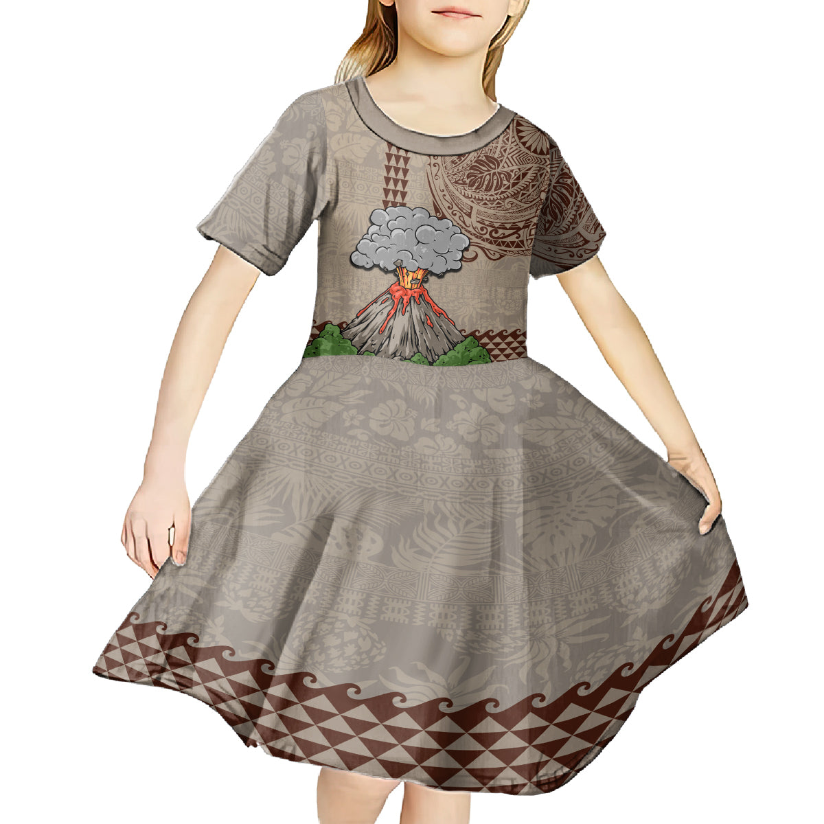 Aloha Volcano Custom Kid Short Sleeve Dress Mix Hawaiian Kakau Tribal LT03 - Polynesian Pride