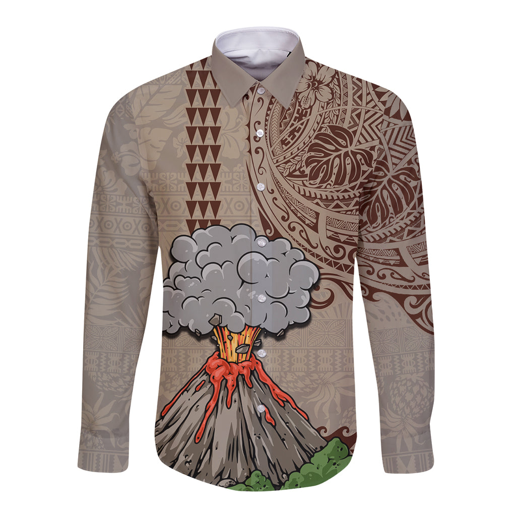 Aloha Volcano Custom Long Sleeve Button Shirt Mix Hawaiian Kakau Tribal LT03 Unisex Beige - Polynesian Pride
