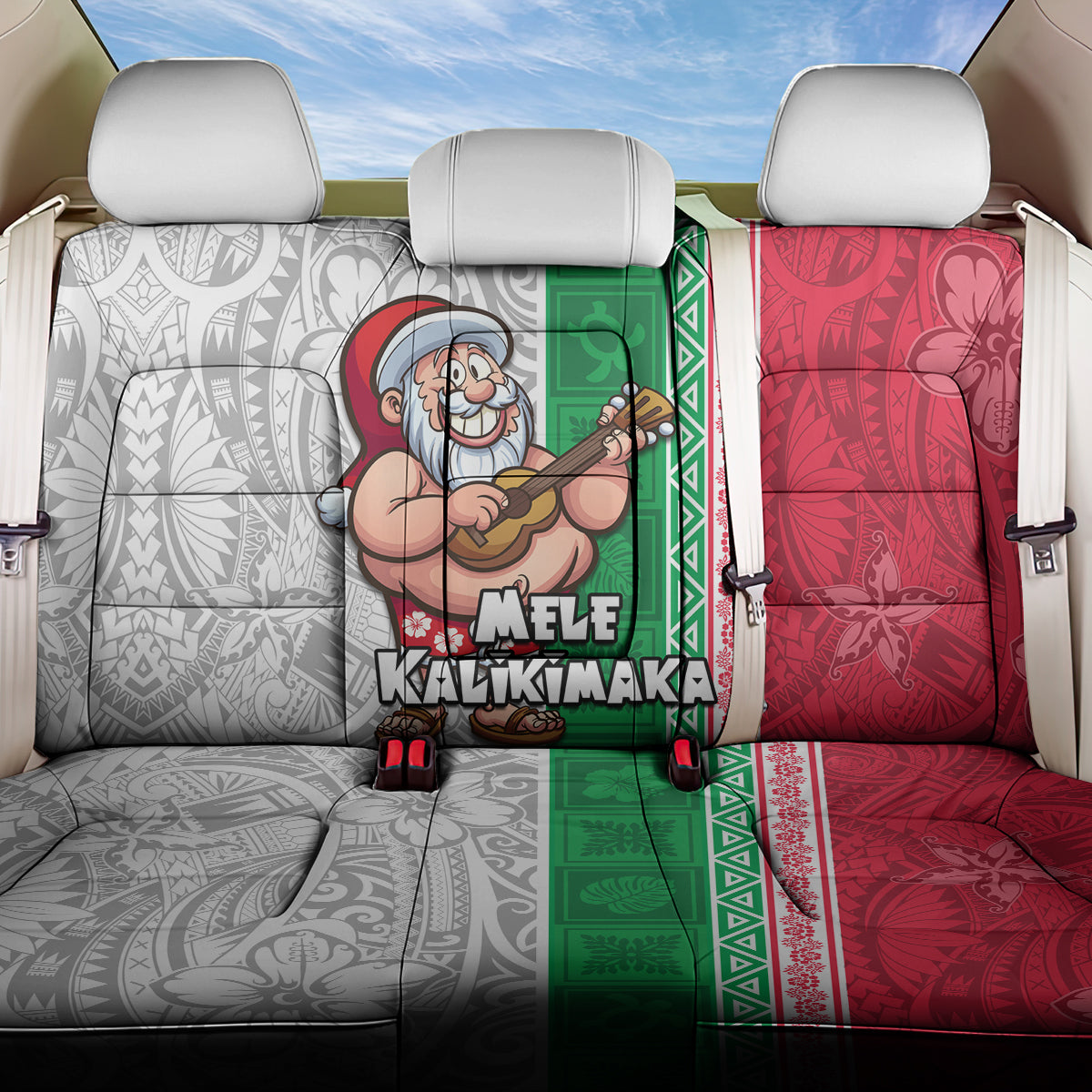 Hawaii Mele Kalikimaka Back Car Seat Cover Santa Playing Ukele Mix Kakau Pattern Xmas Style LT03 One Size Red - Polynesian Pride