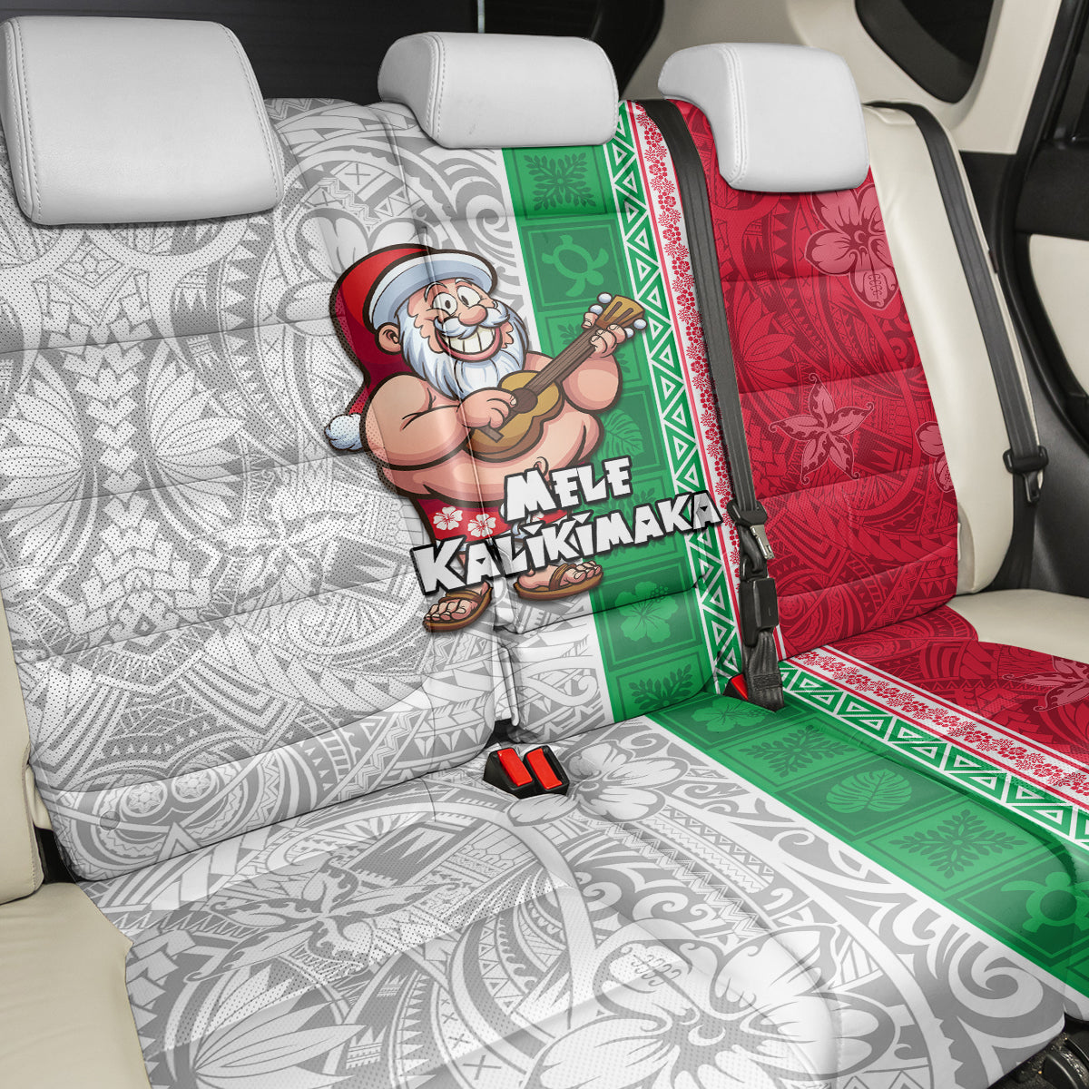 Hawaii Mele Kalikimaka Back Car Seat Cover Santa Playing Ukele Mix Kakau Pattern Xmas Style LT03 - Polynesian Pride