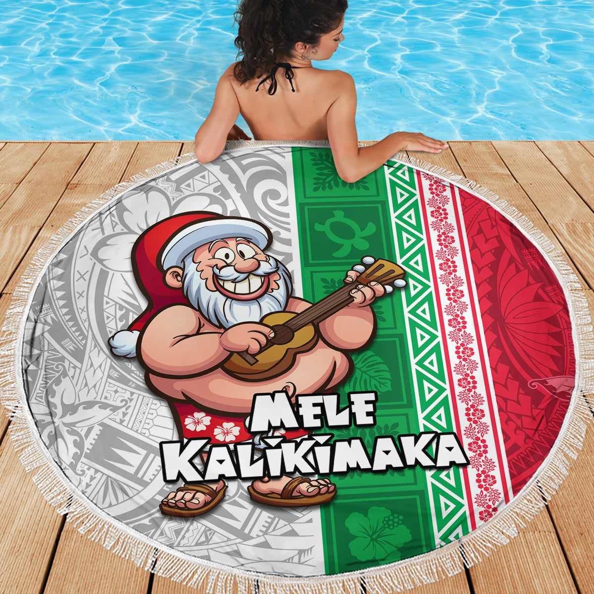 Hawaii Mele Kalikimaka Beach Blanket Santa Playing Ukele Mix Kakau Pattern Xmas Style LT03 - Polynesian Pride
