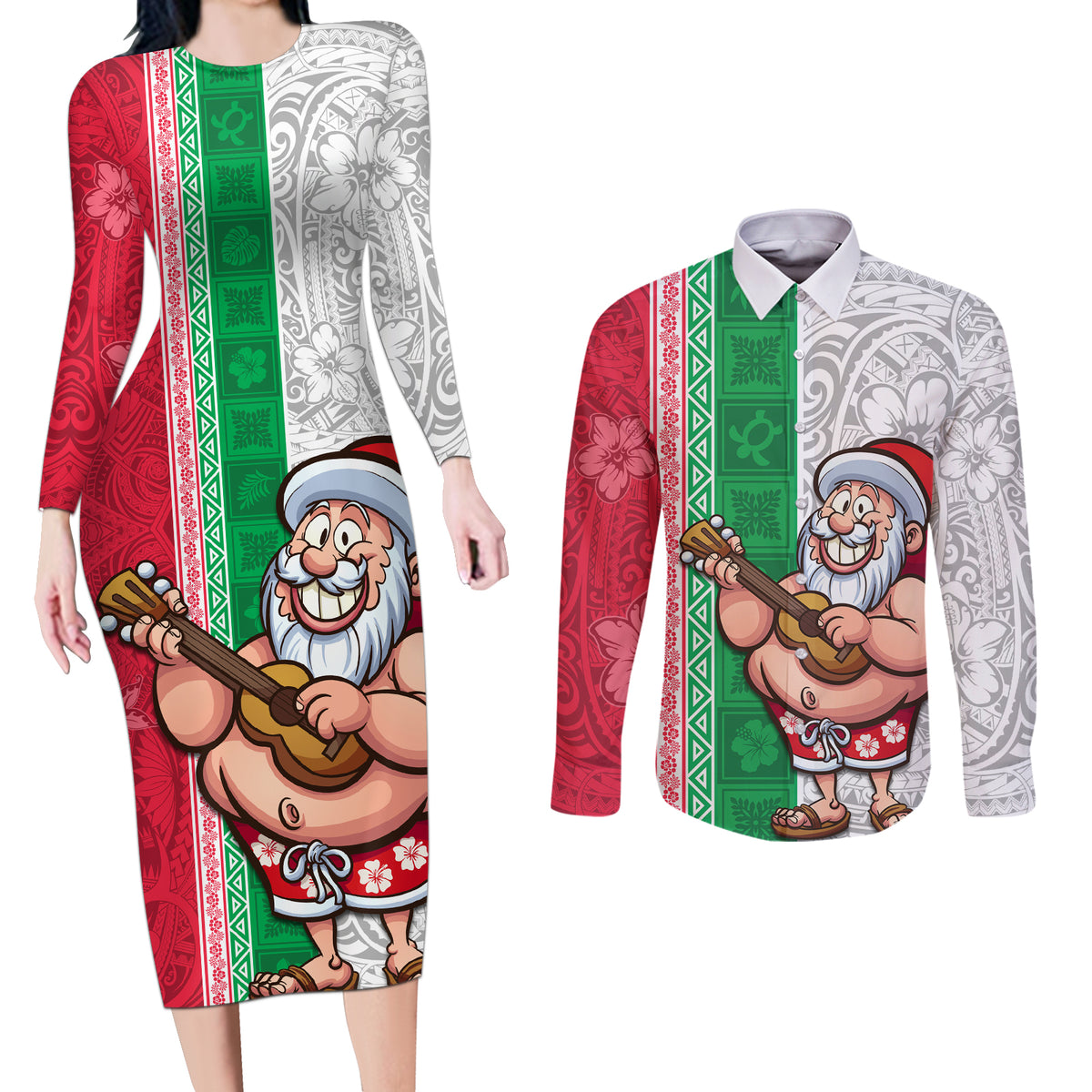 Hawaii Mele Kalikimaka Couples Matching Long Sleeve Bodycon Dress and Long Sleeve Button Shirt Santa Playing Ukele Mix Kakau Pattern Xmas Style LT03 Red - Polynesian Pride