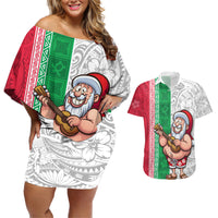 Hawaii Mele Kalikimaka Couples Matching Off Shoulder Short Dress and Hawaiian Shirt Santa Playing Ukele Mix Kakau Pattern Xmas Style LT03 Red - Polynesian Pride