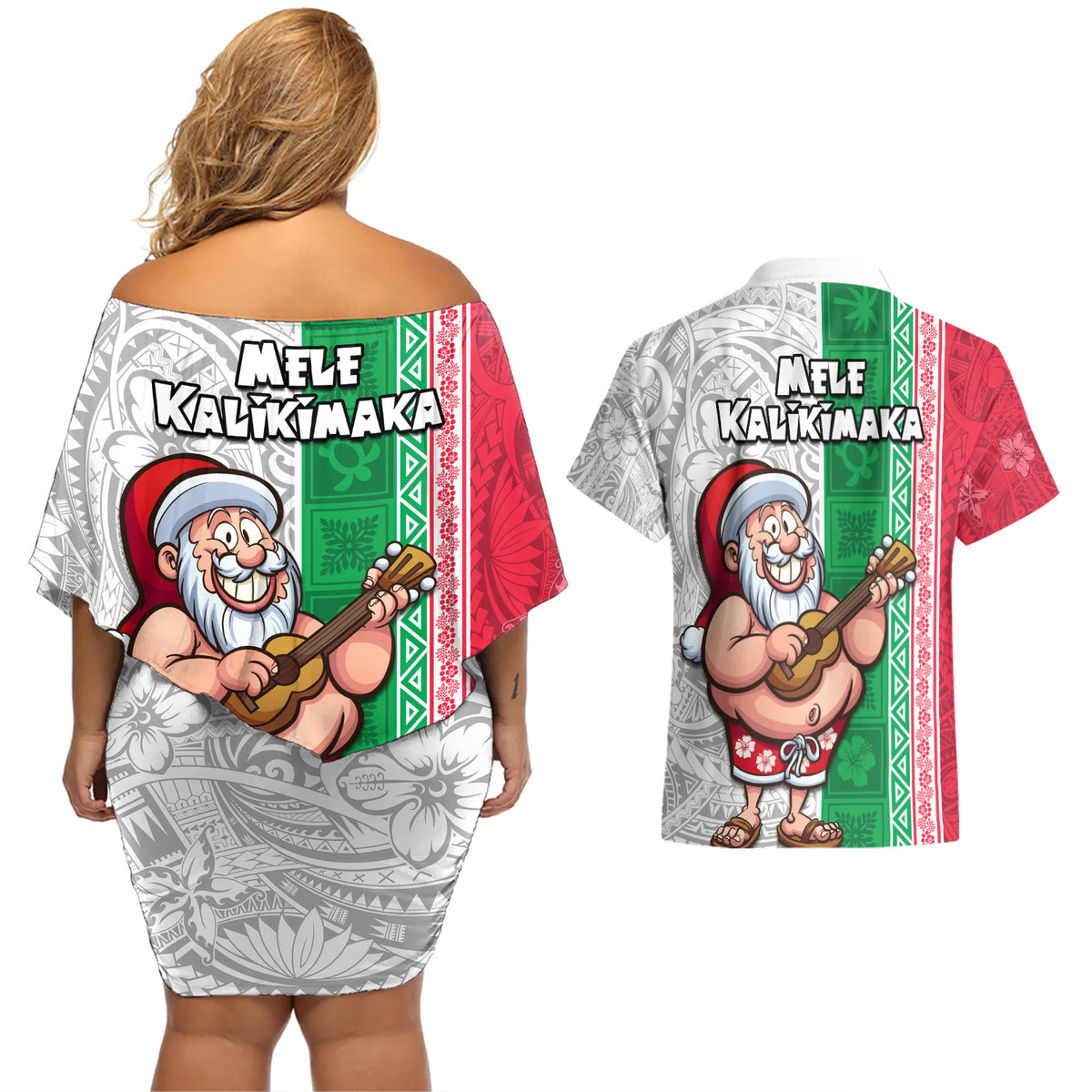 Hawaii Mele Kalikimaka Couples Matching Off Shoulder Short Dress and Hawaiian Shirt Santa Playing Ukele Mix Kakau Pattern Xmas Style LT03 - Polynesian Pride