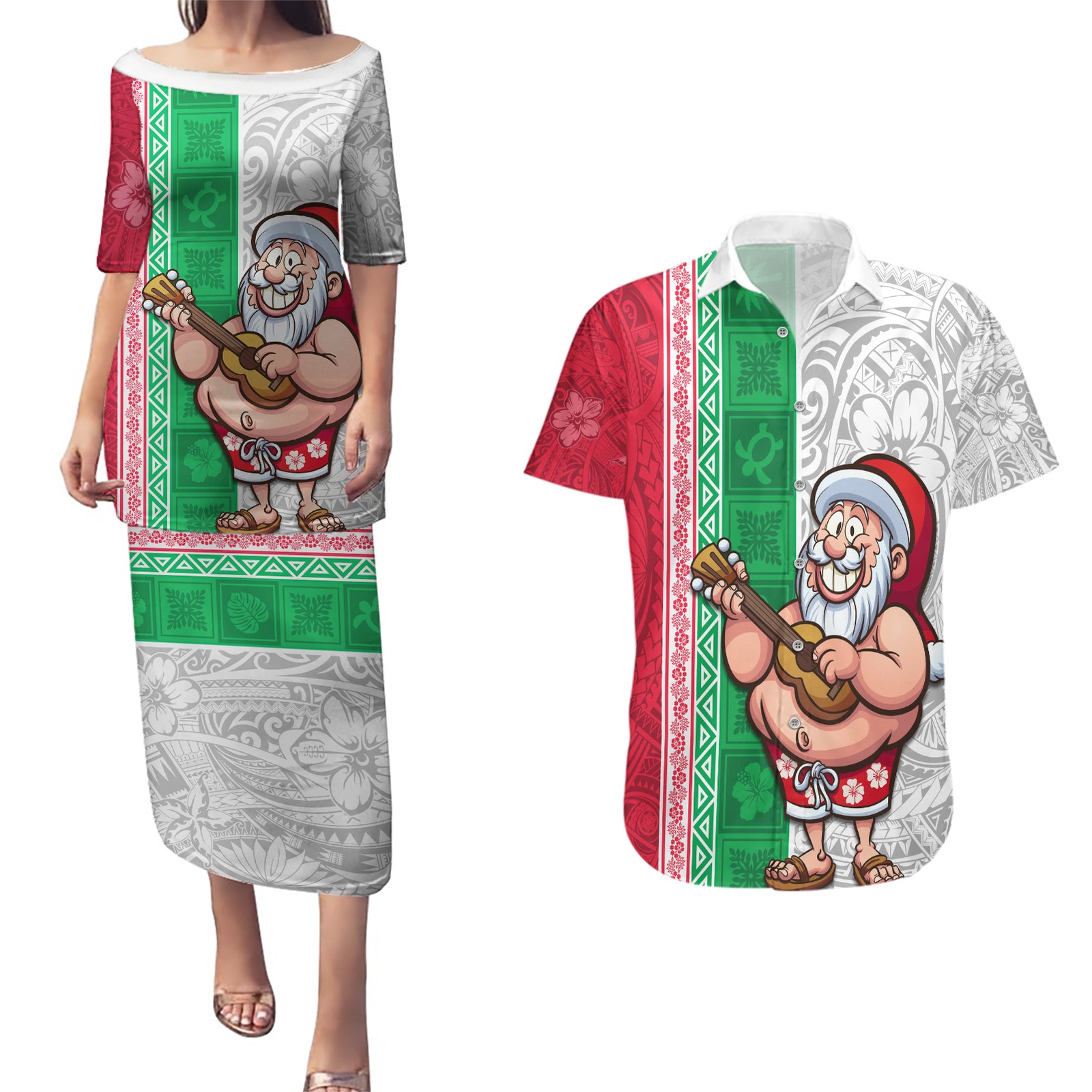 Hawaii Mele Kalikimaka Couples Matching Puletasi Dress and Hawaiian Shirt Santa Playing Ukele Mix Kakau Pattern Xmas Style LT03 Red - Polynesian Pride