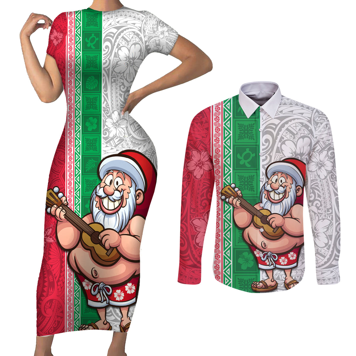 Hawaii Mele Kalikimaka Couples Matching Short Sleeve Bodycon Dress and Long Sleeve Button Shirt Santa Playing Ukele Mix Kakau Pattern Xmas Style LT03 Red - Polynesian Pride