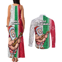 Hawaii Mele Kalikimaka Couples Matching Tank Maxi Dress and Long Sleeve Button Shirt Santa Playing Ukele Mix Kakau Pattern Xmas Style LT03 - Polynesian Pride