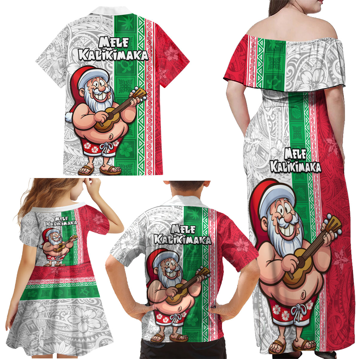 Hawaii Mele Kalikimaka Family Matching Off Shoulder Maxi Dress and Hawaiian Shirt Santa Playing Ukele Mix Kakau Pattern Xmas Style LT03 - Polynesian Pride