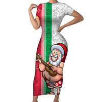 Hawaii Mele Kalikimaka Family Matching Short Sleeve Bodycon Dress and Hawaiian Shirt Santa Playing Ukele Mix Kakau Pattern Xmas Style LT03 Mom's Dress Red - Polynesian Pride
