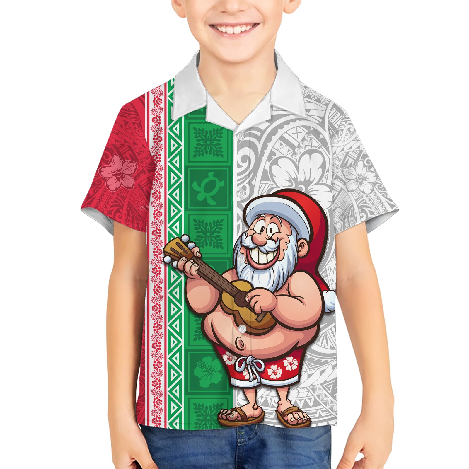 Hawaii Mele Kalikimaka Kid Hawaiian Shirt Santa Playing Ukele Mix Kakau Pattern Xmas Style LT03 Kid Red - Polynesian Pride