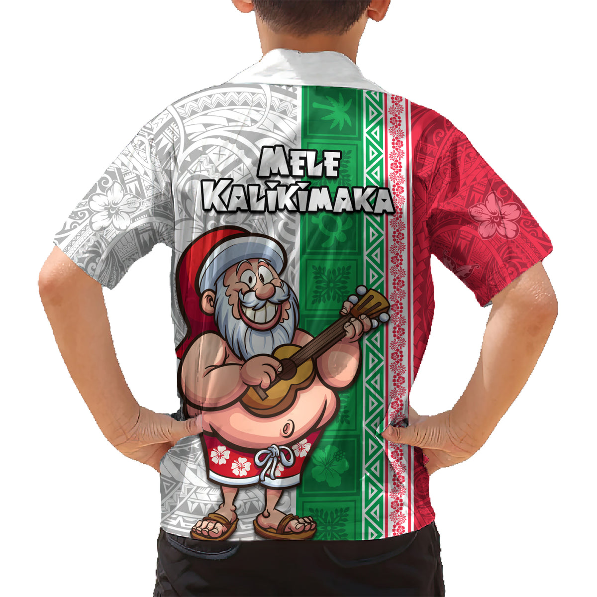 Hawaii Mele Kalikimaka Kid Hawaiian Shirt Santa Playing Ukele Mix Kakau Pattern Xmas Style LT03 - Polynesian Pride
