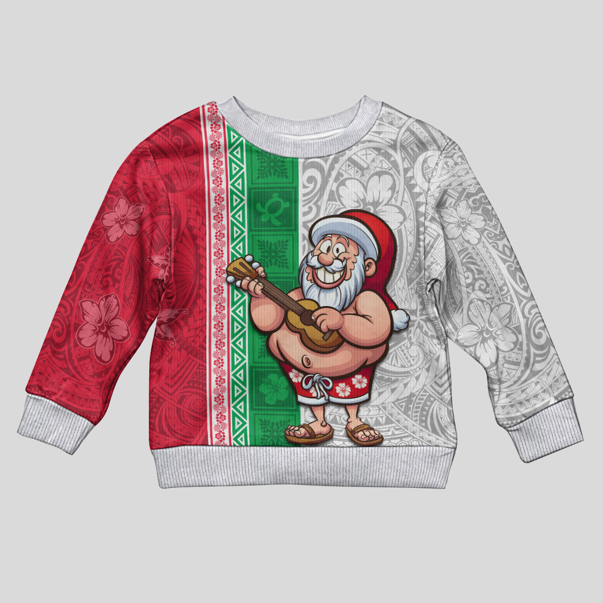 Hawaii Mele Kalikimaka Kid Ugly Christmas Sweater Santa Playing Ukele Mix Kakau Pattern Xmas Style LT03 Kid Red - Polynesian Pride