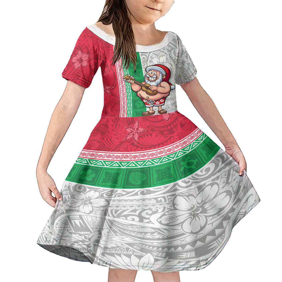 Hawaii Mele Kalikimaka Kid Short Sleeve Dress Santa Playing Ukele Mix Kakau Pattern Xmas Style LT03 KID Red - Polynesian Pride