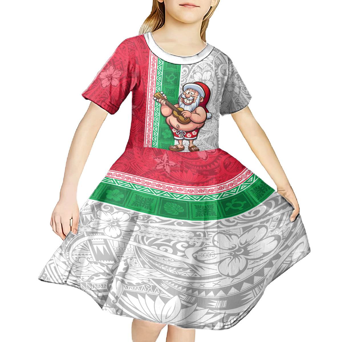 Hawaii Mele Kalikimaka Kid Short Sleeve Dress Santa Playing Ukele Mix Kakau Pattern Xmas Style LT03 - Polynesian Pride