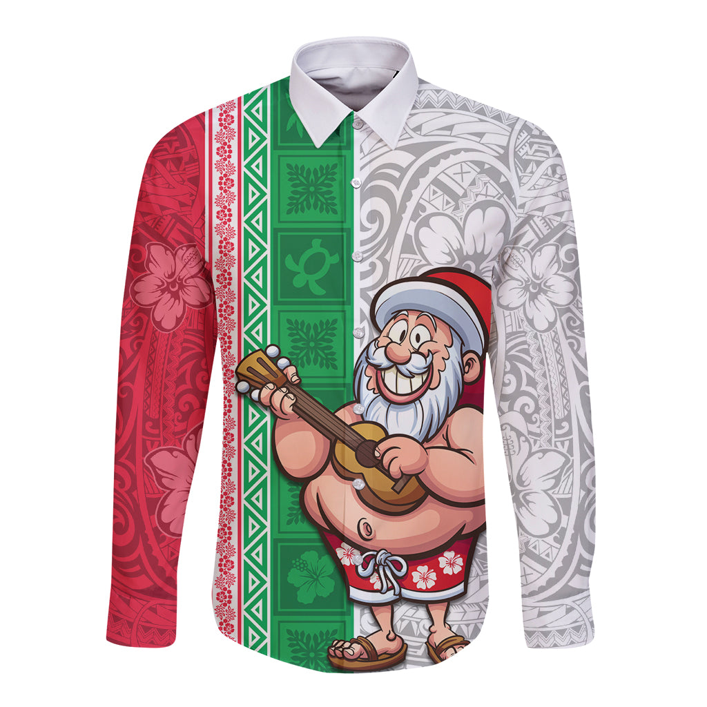 Hawaii Mele Kalikimaka Long Sleeve Button Shirt Santa Playing Ukele Mix Kakau Pattern Xmas Style LT03 Unisex Red - Polynesian Pride