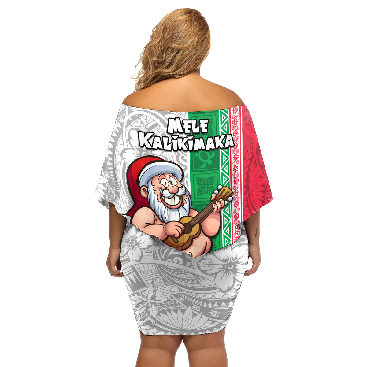 Hawaii Mele Kalikimaka Off Shoulder Short Dress Santa Playing Ukele Mix Kakau Pattern Xmas Style LT03 - Polynesian Pride