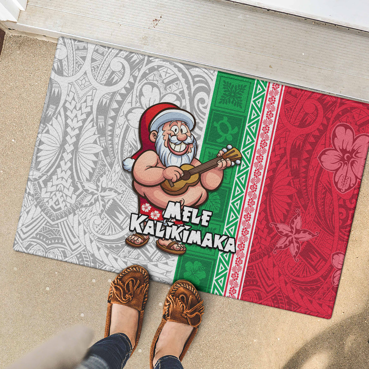 Hawaii Mele Kalikimaka Rubber Doormat Santa Playing Ukele Mix Kakau Pattern Xmas Style LT03 - Polynesian Pride