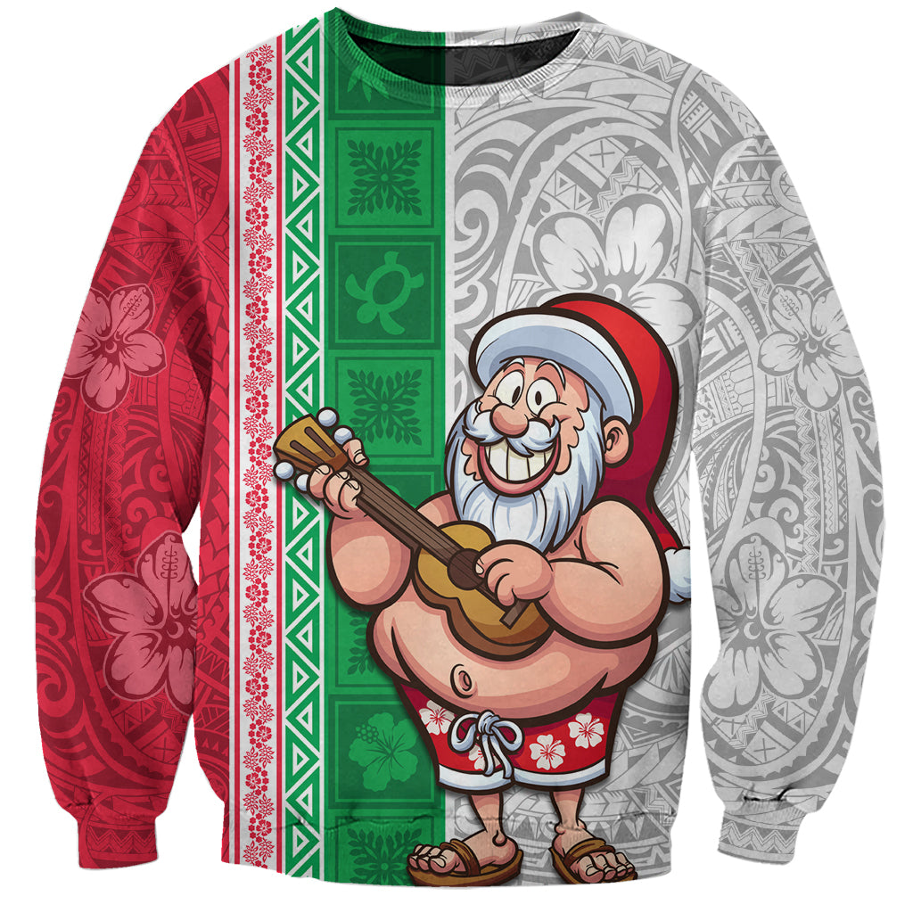 Hawaii Mele Kalikimaka Sweatshirt Santa Playing Ukele Mix Kakau Pattern Xmas Style LT03 Unisex Red - Polynesian Pride